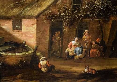 Personnages et chevaliers dans la cour de la taverne.